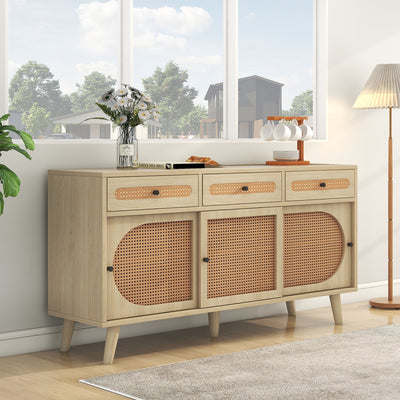 Buffet Chêne Naturel de 140 cm avec Portes en Rotin Synthétique et Rangement Modulable SHAUGRO