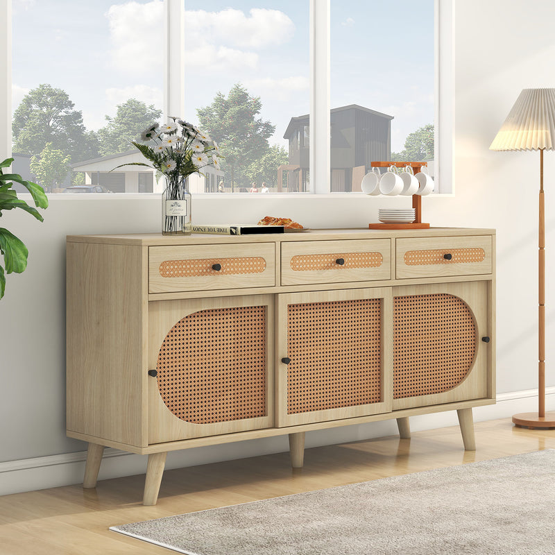 Buffet Chêne Naturel de 140 cm avec Portes en Rotin Synthétique et Rangement Modulable SHAUGRO