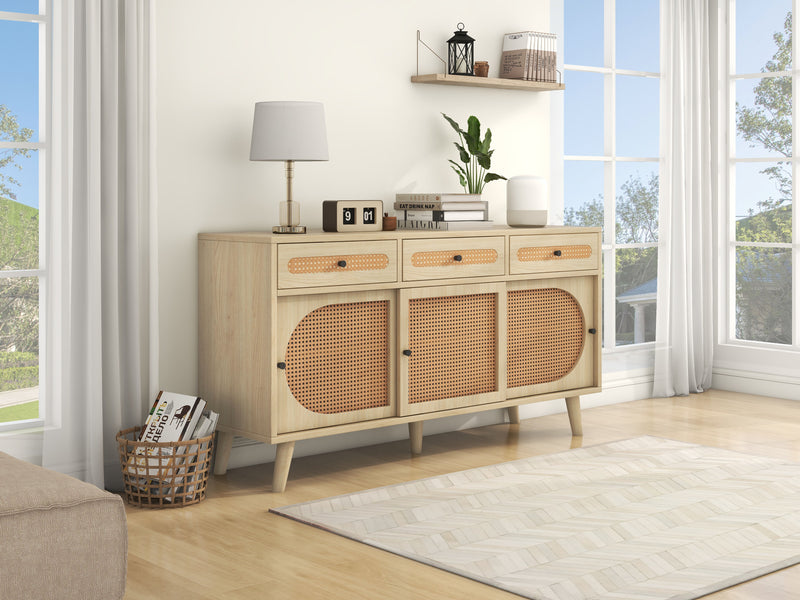 Buffet Chêne Naturel de 140 cm avec Portes en Rotin Synthétique et Rangement Modulable SHAUGRO