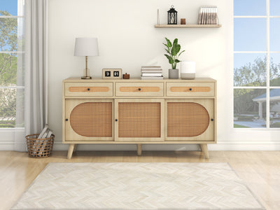 Buffet Chêne Naturel de 140 cm avec Portes en Rotin Synthétique et Rangement Modulable SHAUGRO