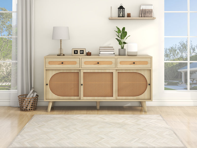 Buffet Chêne Naturel de 140 cm avec Portes en Rotin Synthétique et Rangement Modulable SHAUGRO