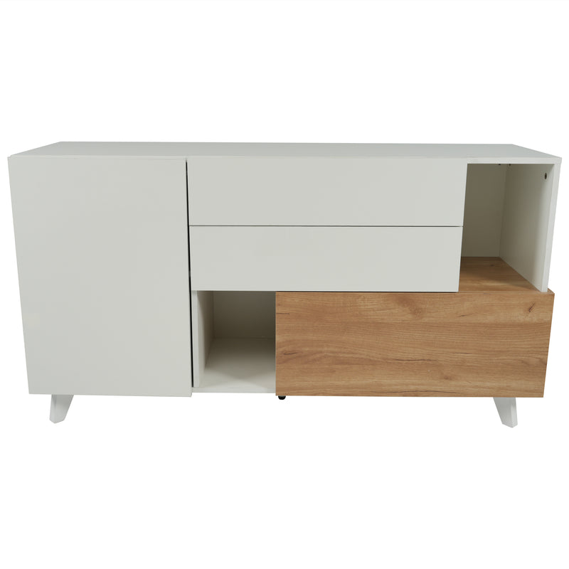 Buffet Scandinave Blanc Brillant et Chêne Clair avec Portes Push-Open et Rangement Modulaire SHIELNIH