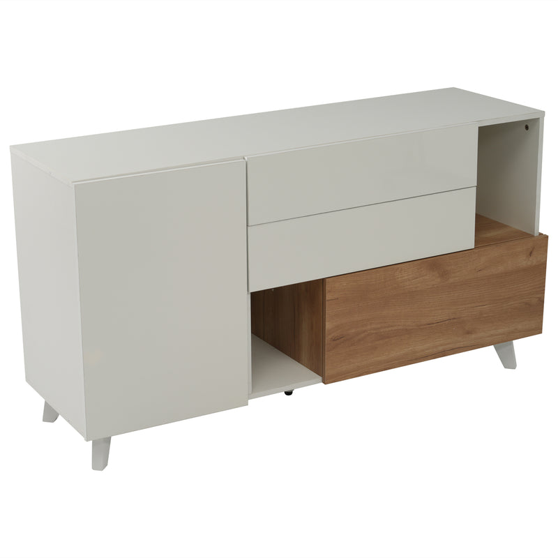 Buffet Scandinave Blanc Brillant et Chêne Clair avec Portes Push-Open et Rangement Modulaire SHIELNIH