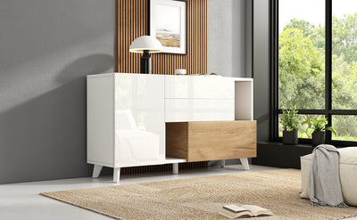 Buffet Scandinave Blanc Brillant et Chêne Clair avec Portes Push-Open et Rangement Modulaire SHIELNIH