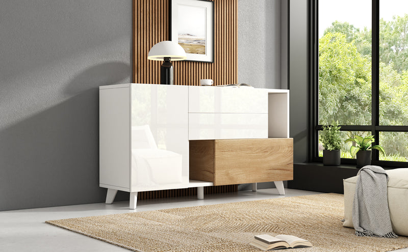 Buffet Scandinave Blanc Brillant et Chêne Clair avec Portes Push-Open et Rangement Modulaire SHIELNIH