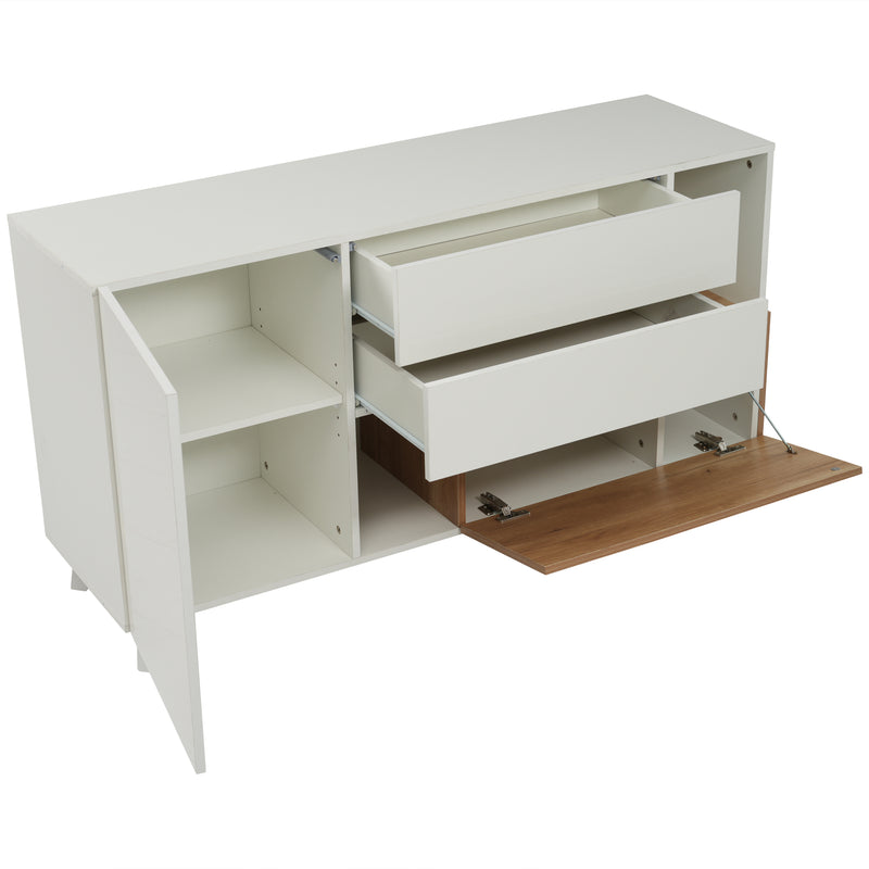 Buffet Scandinave Blanc Brillant et Chêne Clair avec Portes Push-Open et Rangement Modulaire SHIELNIH
