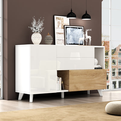 Buffet Scandinave Blanc Brillant et Chêne Clair avec Portes Push-Open et Rangement Modulaire SHIELNIH