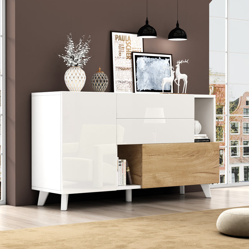 Buffet Scandinave Blanc Brillant et Chêne Clair avec Portes Push-Open et Rangement Modulaire SHIELNIH