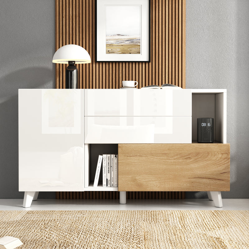 Buffet Scandinave Blanc Brillant et Chêne Clair avec Portes Push-Open et Rangement Modulaire SHIELNIH