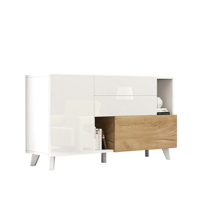 Buffet Scandinave Blanc Brillant et Chêne Clair avec Portes Push-Open et Rangement Modulaire SHIELNIH