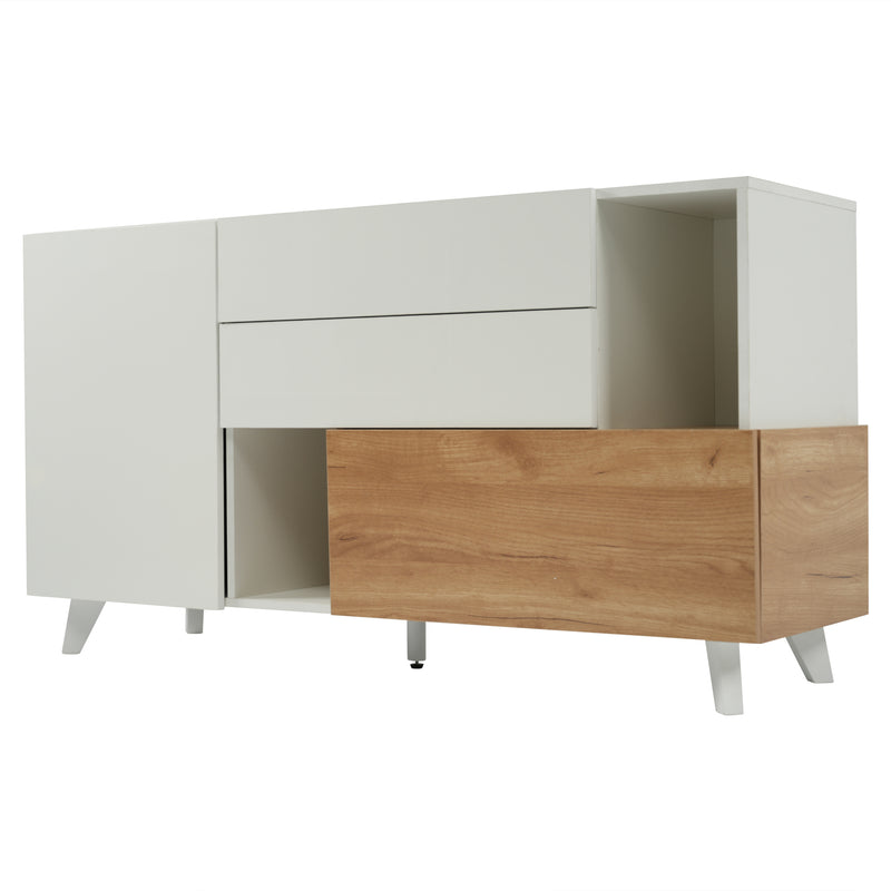 Buffet Scandinave Blanc Brillant et Chêne Clair avec Portes Push-Open et Rangement Modulaire SHIELNIH
