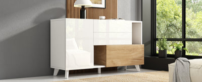 Buffet Scandinave Blanc Brillant et Chêne Clair avec Portes Push-Open et Rangement Modulaire SHIELNIH