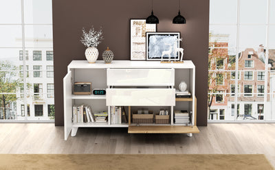 Buffet Scandinave Blanc Brillant et Chêne Clair avec Portes Push-Open et Rangement Modulaire SHIELNIH