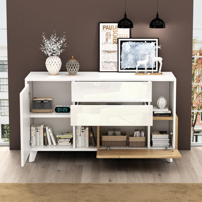 Buffet Scandinave Blanc Brillant et Chêne Clair avec Portes Push-Open et Rangement Modulaire SHIELNIH