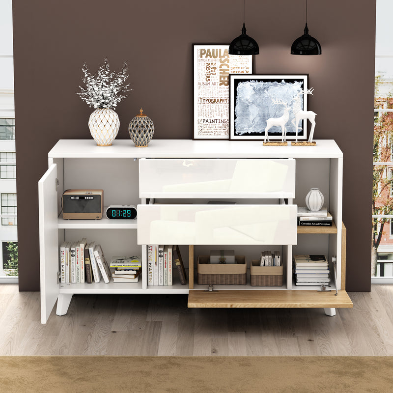 Buffet Scandinave Blanc Brillant et Chêne Clair avec Portes Push-Open et Rangement Modulaire SHIELNIH