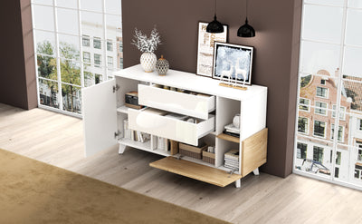 Buffet Scandinave Blanc Brillant et Chêne Clair avec Portes Push-Open et Rangement Modulaire SHIELNIH