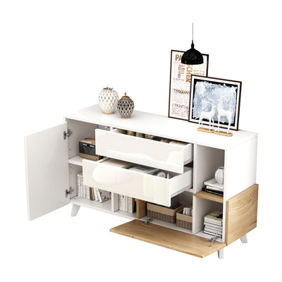 Buffet Scandinave Blanc Brillant et Chêne Clair avec Portes Push-Open et Rangement Modulaire SHIELNIH