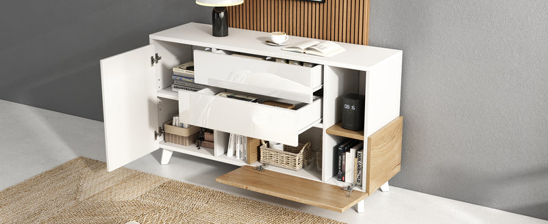 Buffet Scandinave Blanc Brillant et Chêne Clair avec Portes Push-Open et Rangement Modulaire SHIELNIH