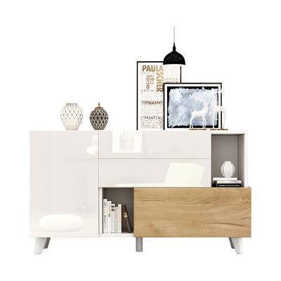 Buffet Scandinave Blanc Brillant et Chêne Clair avec Portes Push-Open et Rangement Modulaire SHIELNIH