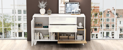 Buffet Scandinave Blanc Brillant et Chêne Clair avec Portes Push-Open et Rangement Modulaire SHIELNIH
