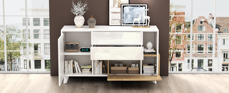 Buffet Scandinave Blanc Brillant et Chêne Clair avec Portes Push-Open et Rangement Modulaire SHIELNIH
