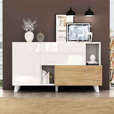Buffet Scandinave Blanc Brillant et Chêne Clair avec Portes Push-Open et Rangement Modulaire SHIELNIH