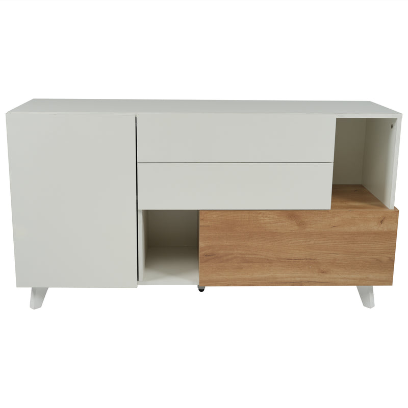 Buffet Scandinave Blanc Brillant et Chêne Clair avec Portes Push-Open et Rangement Modulaire SHIELNIH
