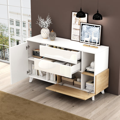 Buffet Scandinave Blanc Brillant et Chêne Clair avec Portes Push-Open et Rangement Modulaire SHIELNIH
