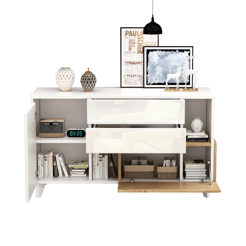 Buffet Scandinave Blanc Brillant et Chêne Clair avec Portes Push-Open et Rangement Modulaire SHIELNIH