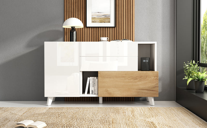 Buffet Scandinave Blanc Brillant et Chêne Clair avec Portes Push-Open et Rangement Modulaire SHIELNIH