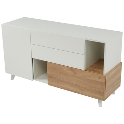Buffet Scandinave Blanc Brillant et Chêne Clair avec Portes Push-Open et Rangement Modulaire SHIELNIH