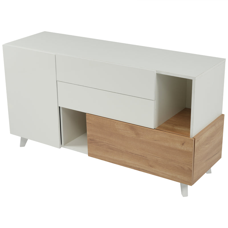 Buffet Scandinave Blanc Brillant et Chêne Clair avec Portes Push-Open et Rangement Modulaire SHIELNIH