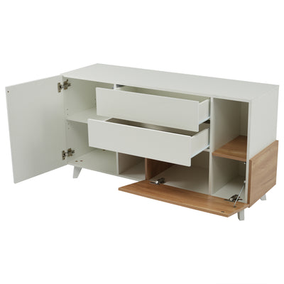 Buffet Scandinave Blanc Brillant et Chêne Clair avec Portes Push-Open et Rangement Modulaire SHIELNIH