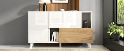 Buffet Scandinave Blanc Brillant et Chêne Clair avec Portes Push-Open et Rangement Modulaire SHIELNIH