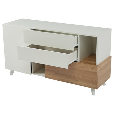 Buffet Scandinave Blanc Brillant et Chêne Clair avec Portes Push-Open et Rangement Modulaire SHIELNIH