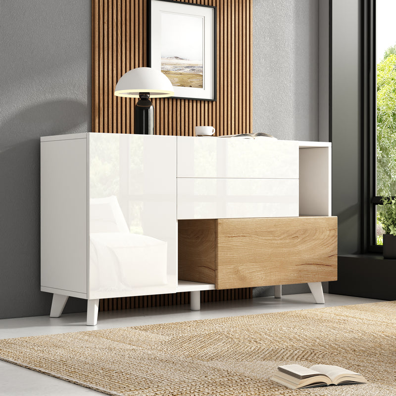 Buffet Scandinave Blanc Brillant et Chêne Clair avec Portes Push-Open et Rangement Modulaire SHIELNIH