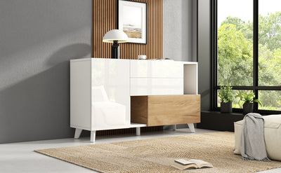 Buffet Scandinave Blanc Brillant et Chêne Clair avec Portes Push-Open et Rangement Modulaire SHIELNIH