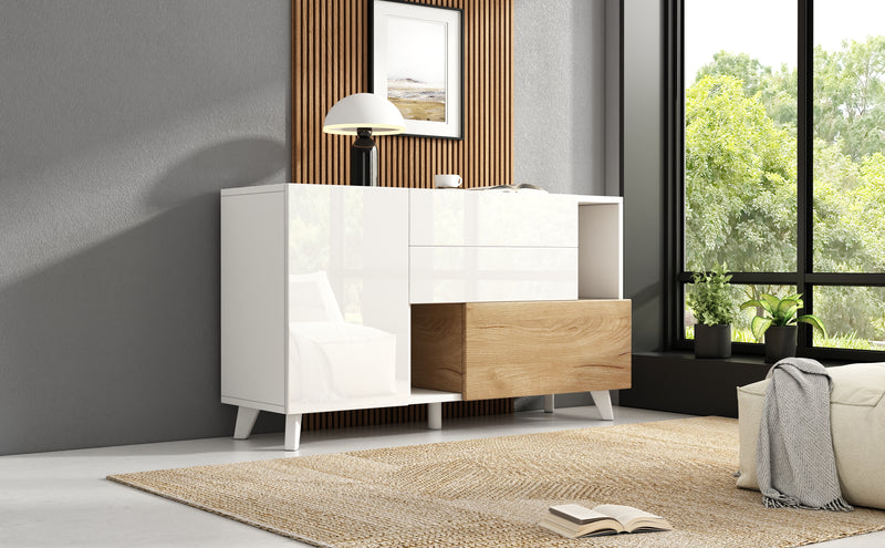 Buffet Scandinave Blanc Brillant et Chêne Clair avec Portes Push-Open et Rangement Modulaire SHIELNIH