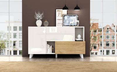 Buffet Scandinave Blanc Brillant et Chêne Clair avec Portes Push-Open et Rangement Modulaire SHIELNIH