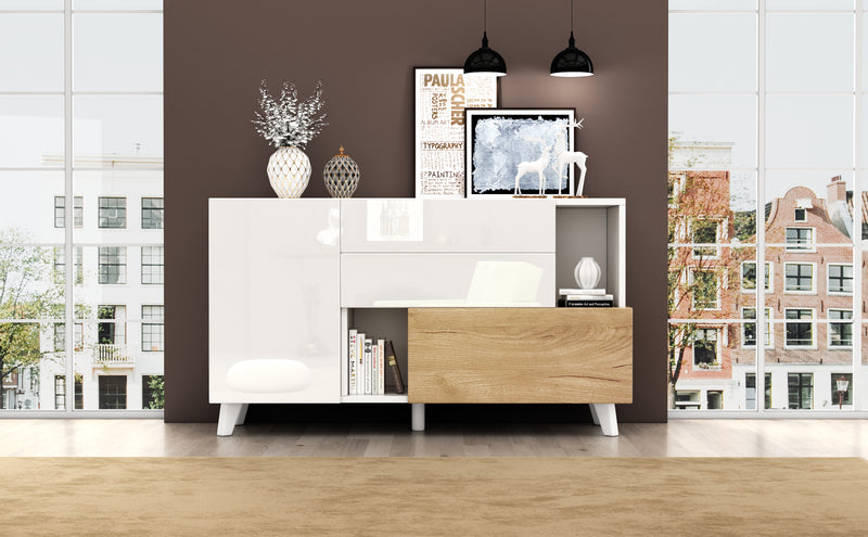 Buffet Scandinave Blanc Brillant et Chêne Clair avec Portes Push-Open et Rangement Modulaire SHIELNIH