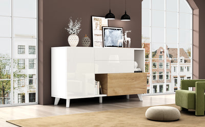 Buffet Scandinave Blanc Brillant et Chêne Clair avec Portes Push-Open et Rangement Modulaire SHIELNIH