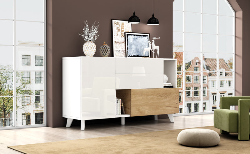 Buffet Scandinave Blanc Brillant et Chêne Clair avec Portes Push-Open et Rangement Modulaire SHIELNIH