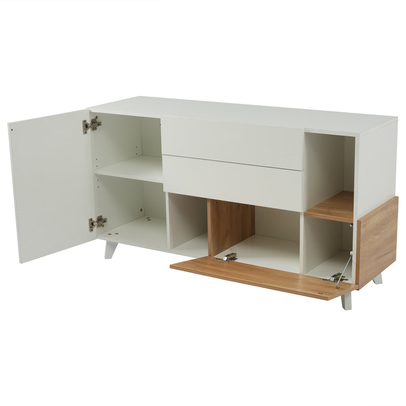Buffet Scandinave Blanc Brillant et Chêne Clair avec Portes Push-Open et Rangement Modulaire SHIELNIH
