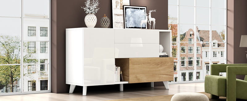 Buffet Scandinave Blanc Brillant et Chêne Clair avec Portes Push-Open et Rangement Modulaire SHIELNIH