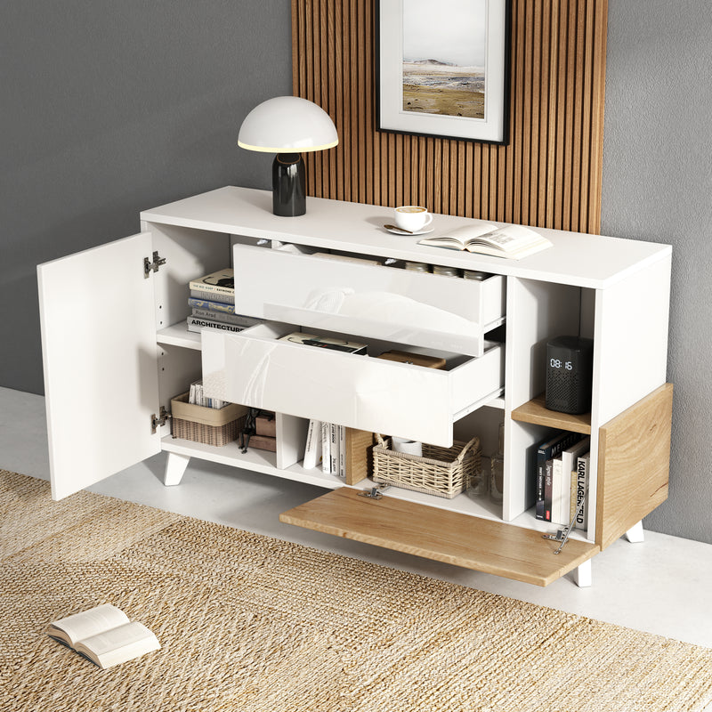 Buffet Scandinave Blanc Brillant et Chêne Clair avec Portes Push-Open et Rangement Modulaire SHIELNIH