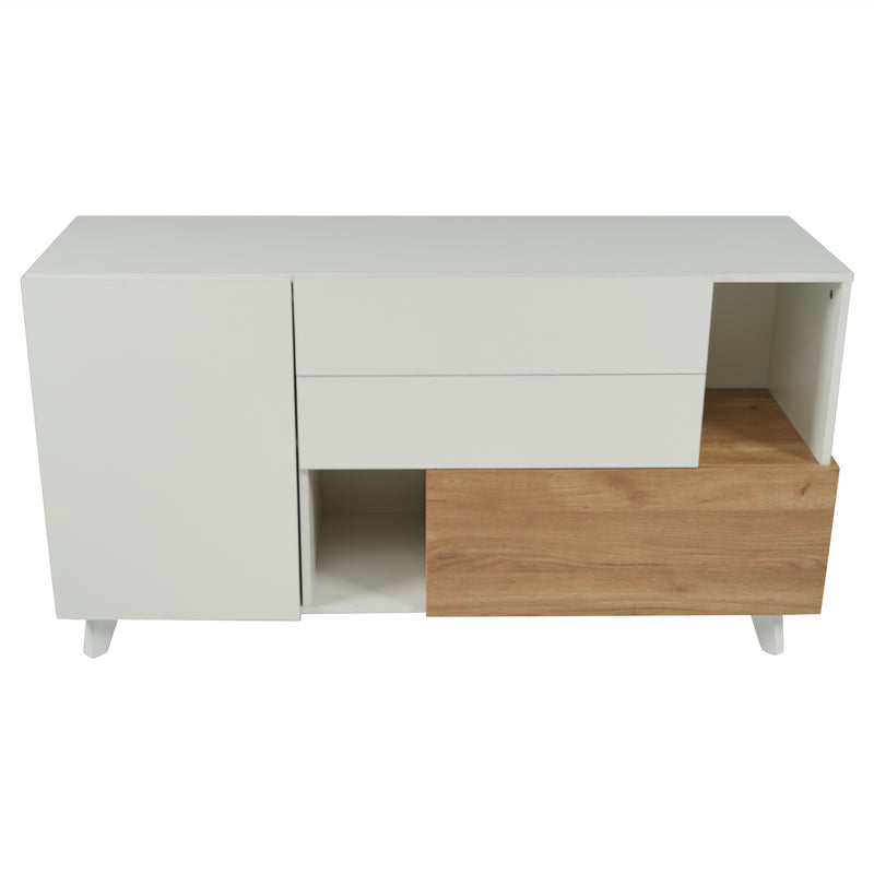Buffet Scandinave Blanc Brillant et Chêne Clair avec Portes Push-Open et Rangement Modulaire SHIELNIH