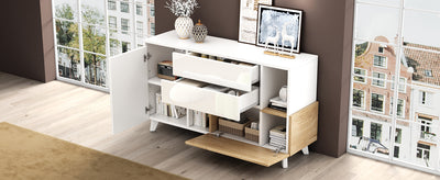 Buffet Scandinave Blanc Brillant et Chêne Clair avec Portes Push-Open et Rangement Modulaire SHIELNIH