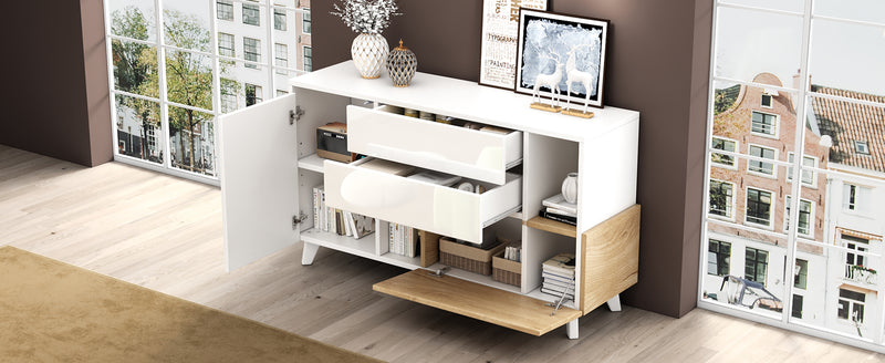 Buffet Scandinave Blanc Brillant et Chêne Clair avec Portes Push-Open et Rangement Modulaire SHIELNIH