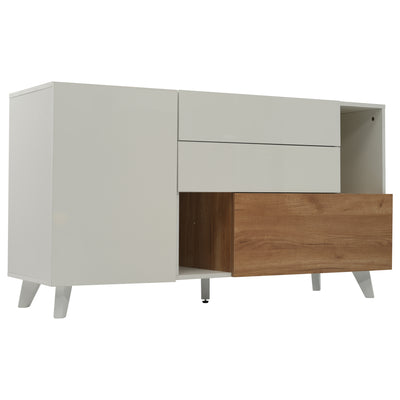 Buffet Scandinave Blanc Brillant et Chêne Clair avec Portes Push-Open et Rangement Modulaire SHIELNIH