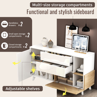 Buffet Scandinave Blanc Brillant et Chêne Clair avec Portes Push-Open et Rangement Modulaire SHIELNIH